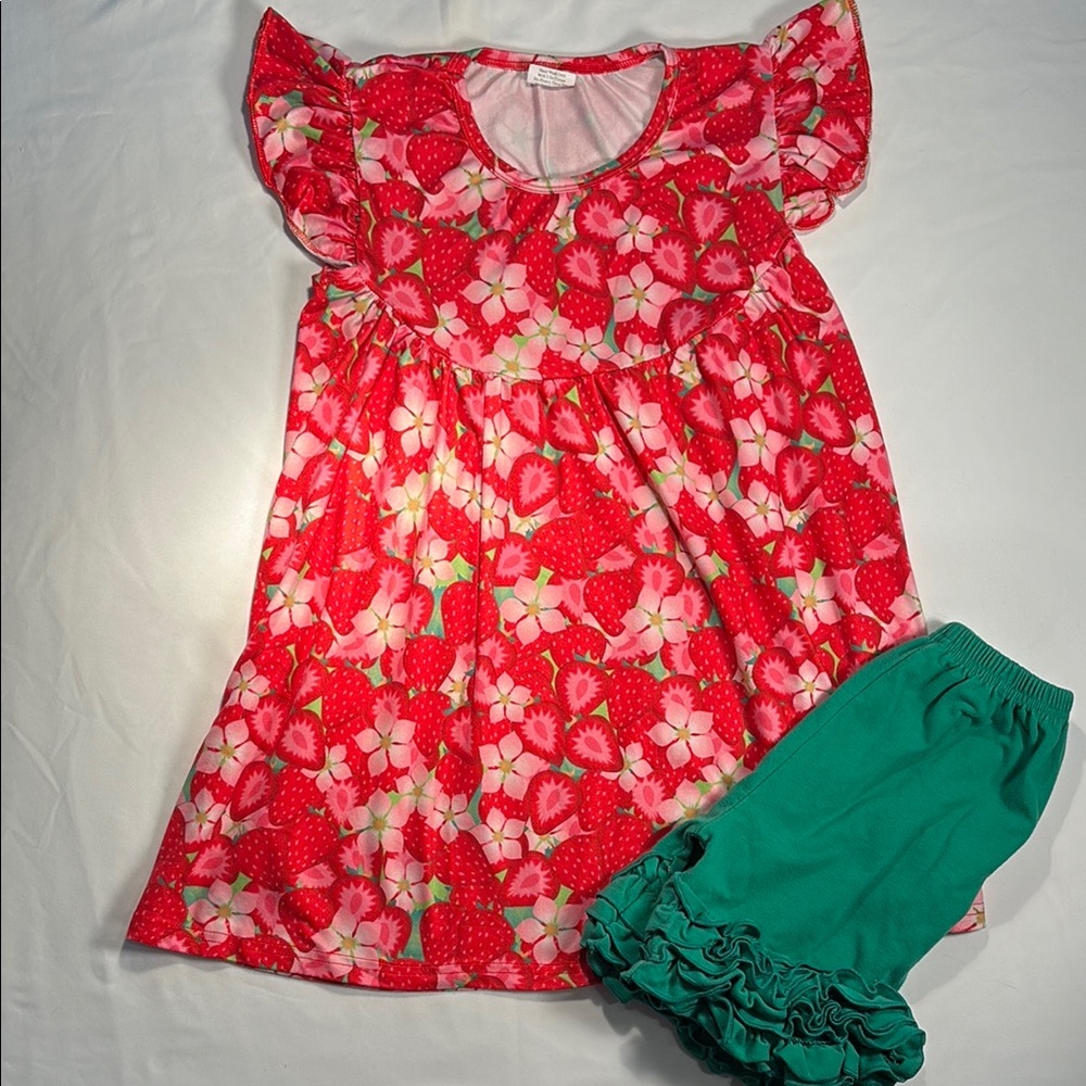 Red Floral Dress with Green Shorts